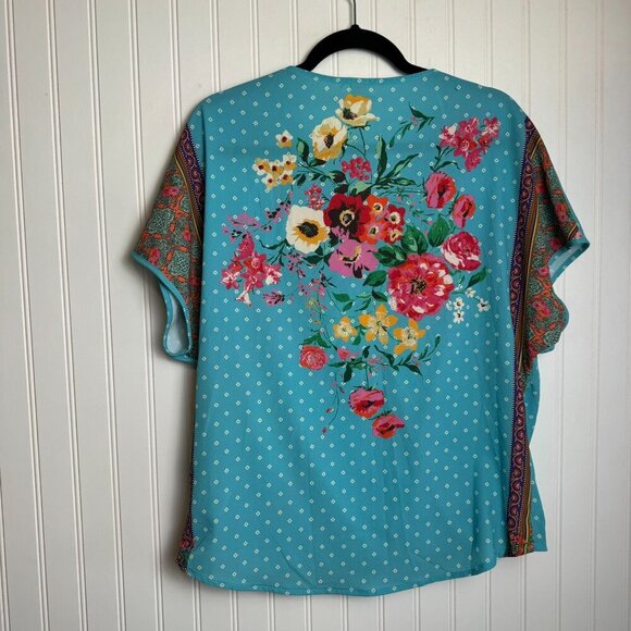 Umgee Teal Floral Wrap Style Blouse Short Sleeve, Loose Fit I34 - Picture 6 of 6